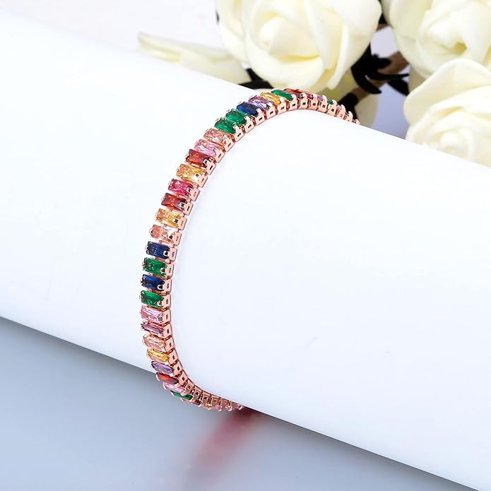 Tennis Bracelets for Women Rainbow Zirconia Bracelet 2x5mm 14K Rose Gold Plated Hypoallergenic Adjustable