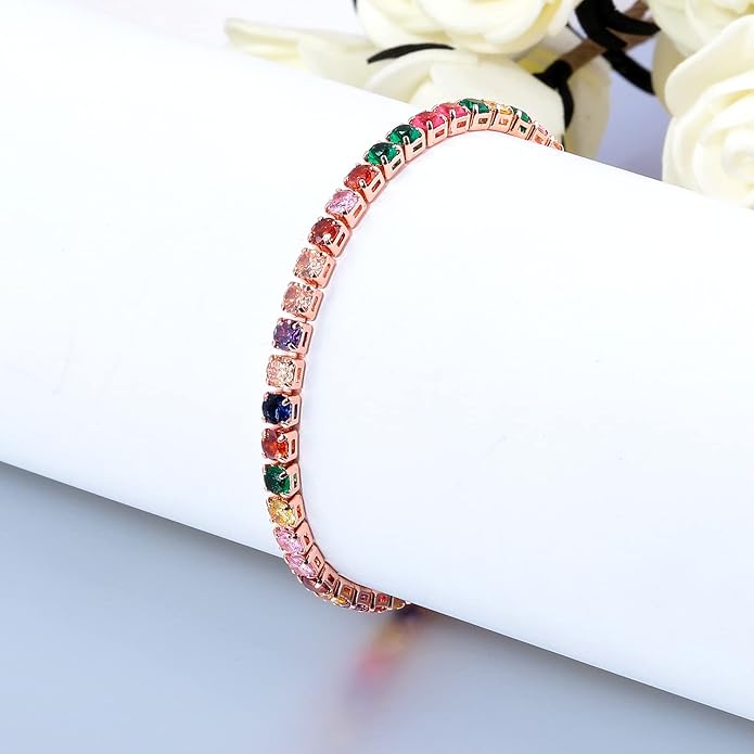 Tennis Bracelets for Women Rainbow Cubic Zirconia Bracelet 14K Rose Gold Plated Hypoallergenic Adjustable