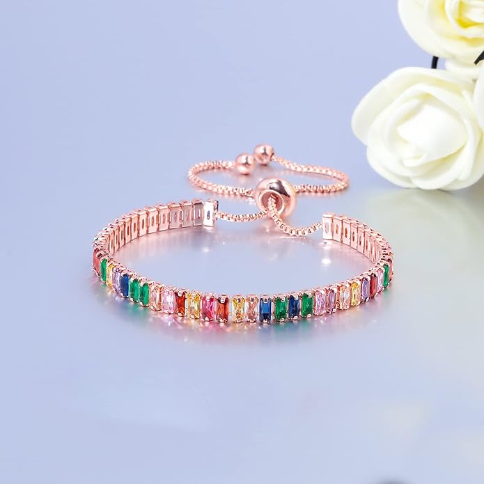 Tennis Bracelets for Women Rainbow Zirconia Bracelet 2x5mm 14K Rose Gold Plated Hypoallergenic Adjustable