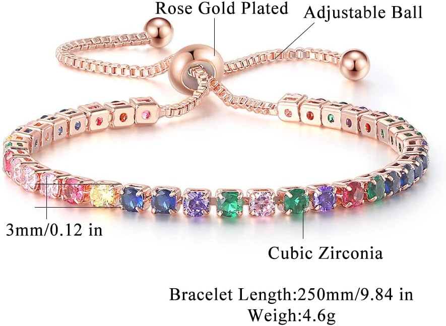 Tennis Bracelets for Women Rainbow Cubic Zirconia Bracelet 14K Rose Gold Plated Hypoallergenic Adjustable