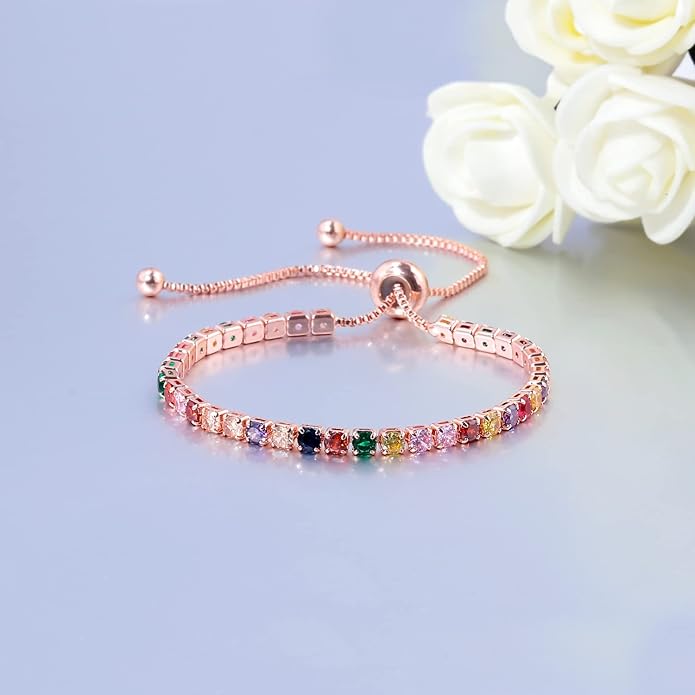 Tennis Bracelets for Women Rainbow Cubic Zirconia Bracelet 14K Rose Gold Plated Hypoallergenic Adjustable