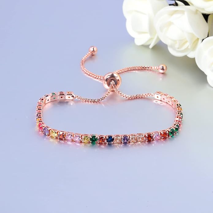 Tennis Bracelets for Women Rainbow Cubic Zirconia Bracelet 14K Rose Gold Plated Hypoallergenic Adjustable