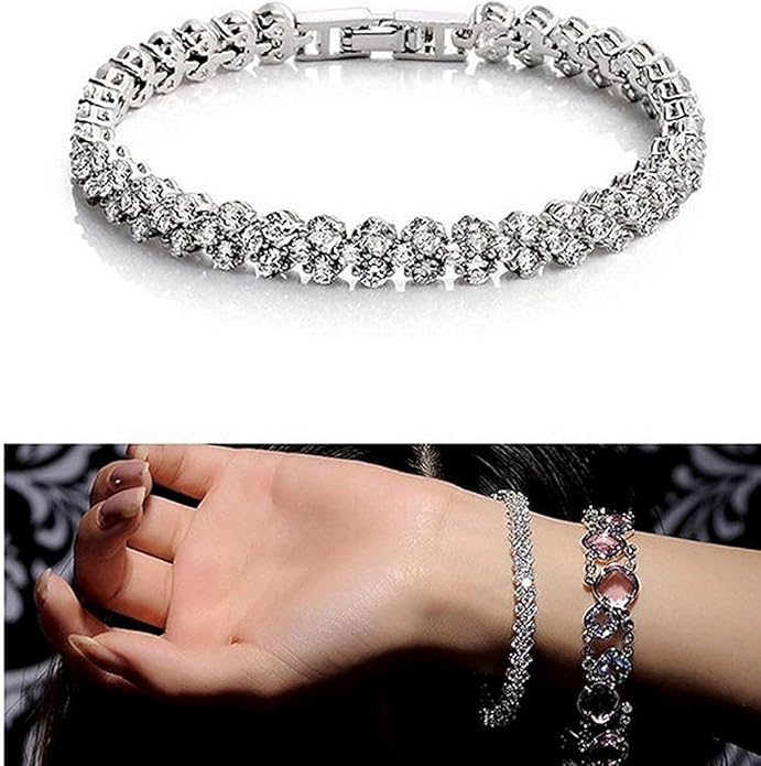 Bracelets for Women Crystal Zircon Roman Style White Silver Plated CZ Classic Tennis Bracelet