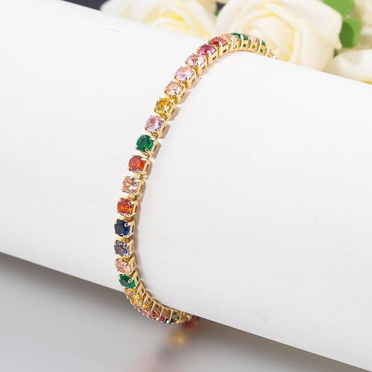 Tennis Bracelets for Women Rainbow Cubic Zirconia Bracelet 14K Yellow Gold Plated Hypoallergenic  Adjustable