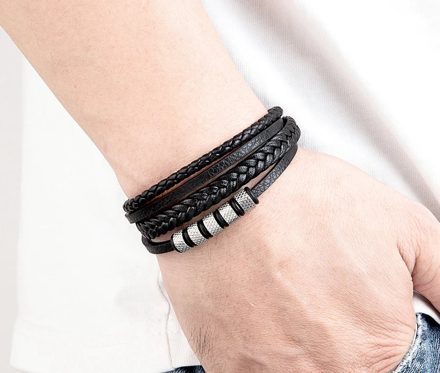 Bracelet Leather Men Silver