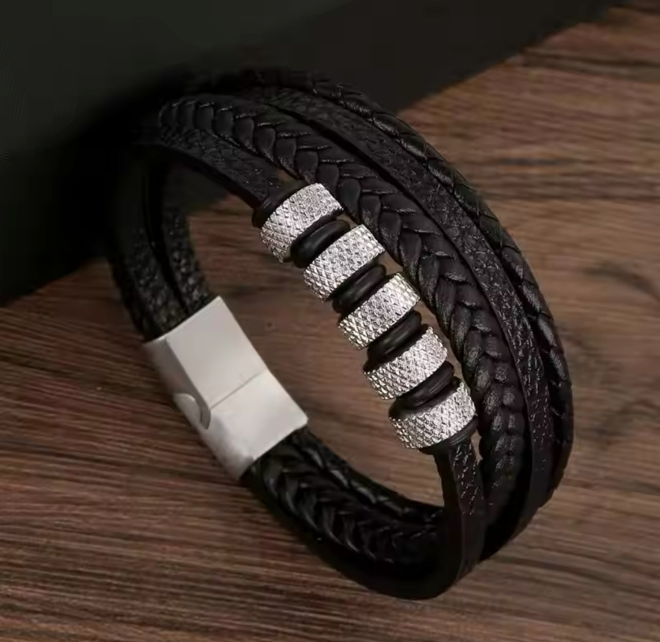 Bracelet Leather Men Silver