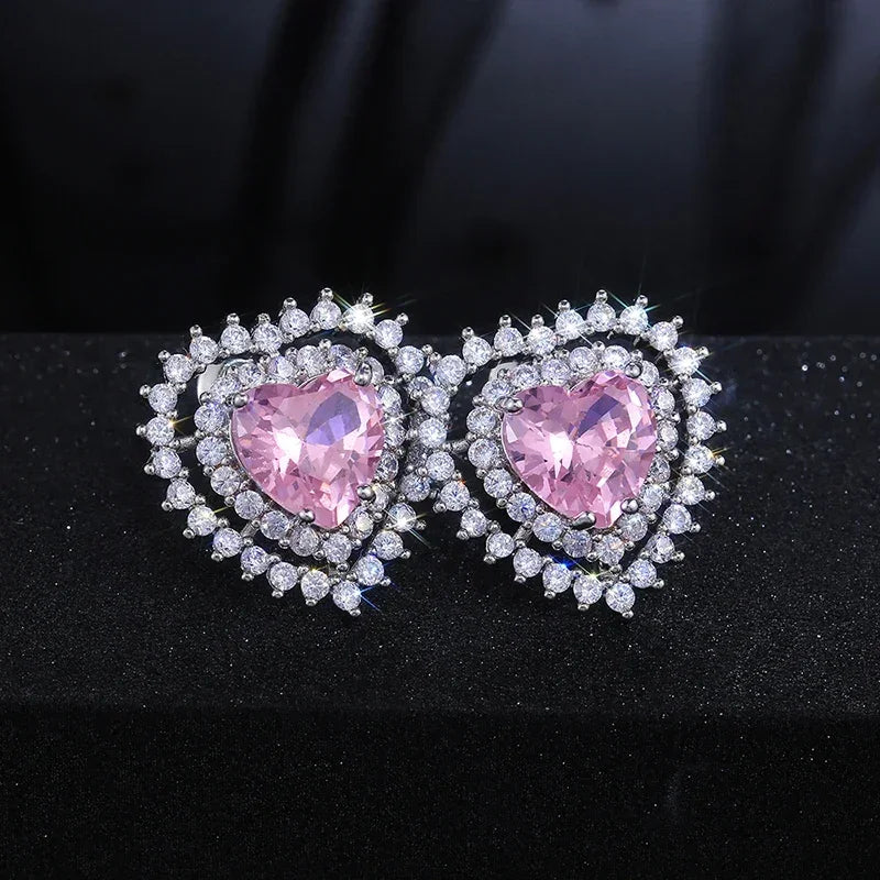 Earrings Heart Pink Zircon Charm