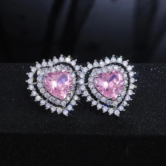 Earrings Heart Pink Zircon Charm